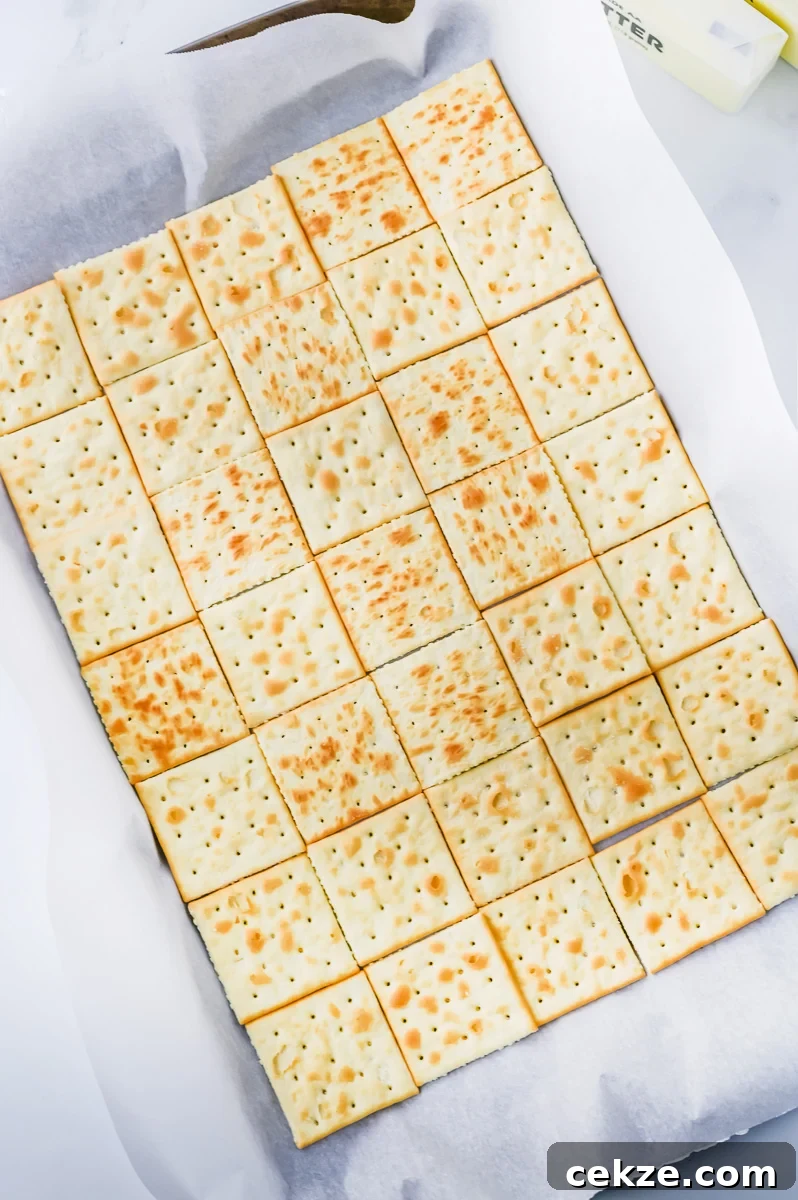 Saltine cracker are spread out in parchment-lined baking dish.