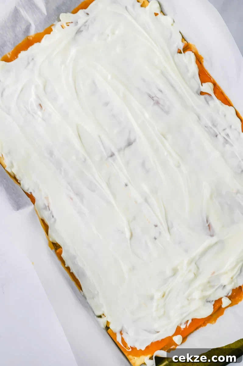 Melted white chocolate chips are spread out on top of butter mixture.