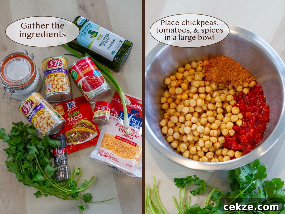 ingredients for these cooked garbanzo beans on left and added to a bowl on right.