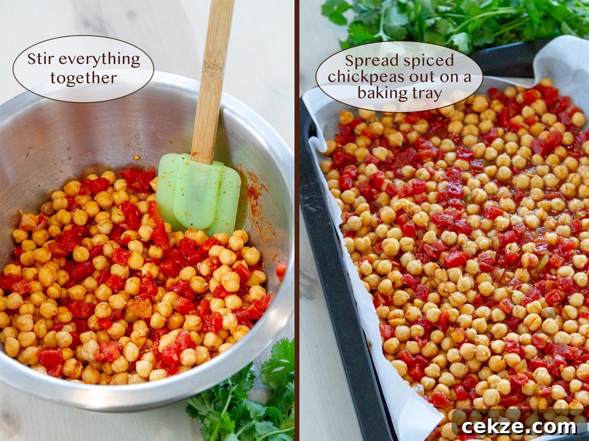 mixing raw ingredients in a bowl on left and spreading them out in a pan on right.