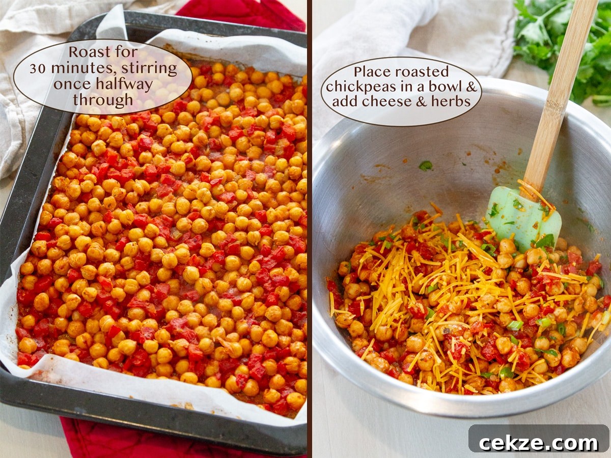 cooked garbanzo beans on left and added to a bowl on right with cheese and herbs.