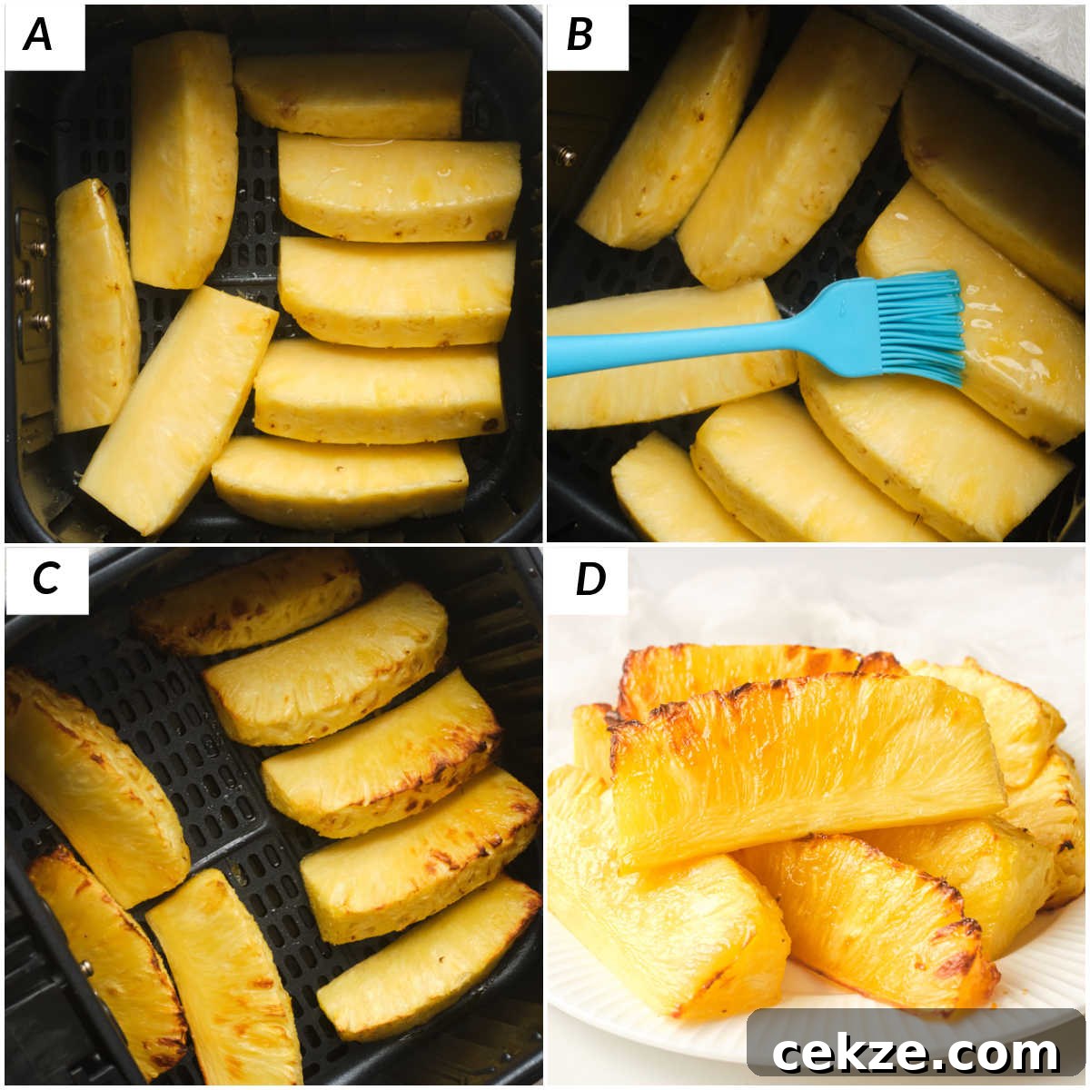 image collage showing the steps for making air fryer pineapple