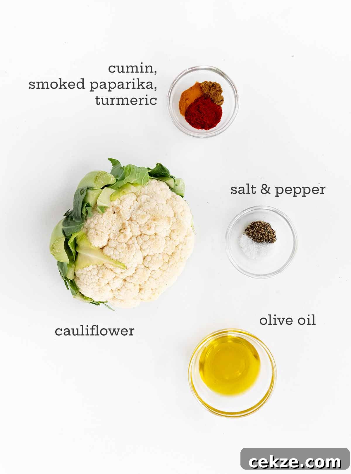 Crispy Spicy Roasted Cauliflower with Chili and Garlic 4 Ingredients for spicy roasted cauliflower -- spices, cauliflower, salt and pepper, and olive oil.