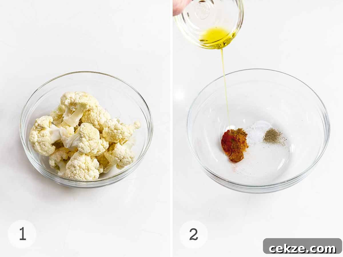 Crispy Spicy Roasted Cauliflower with Chili and Garlic 5 Raw cauliflower florets in a glass bowl and a separate glass bowl with oil being poured into a spice mix.