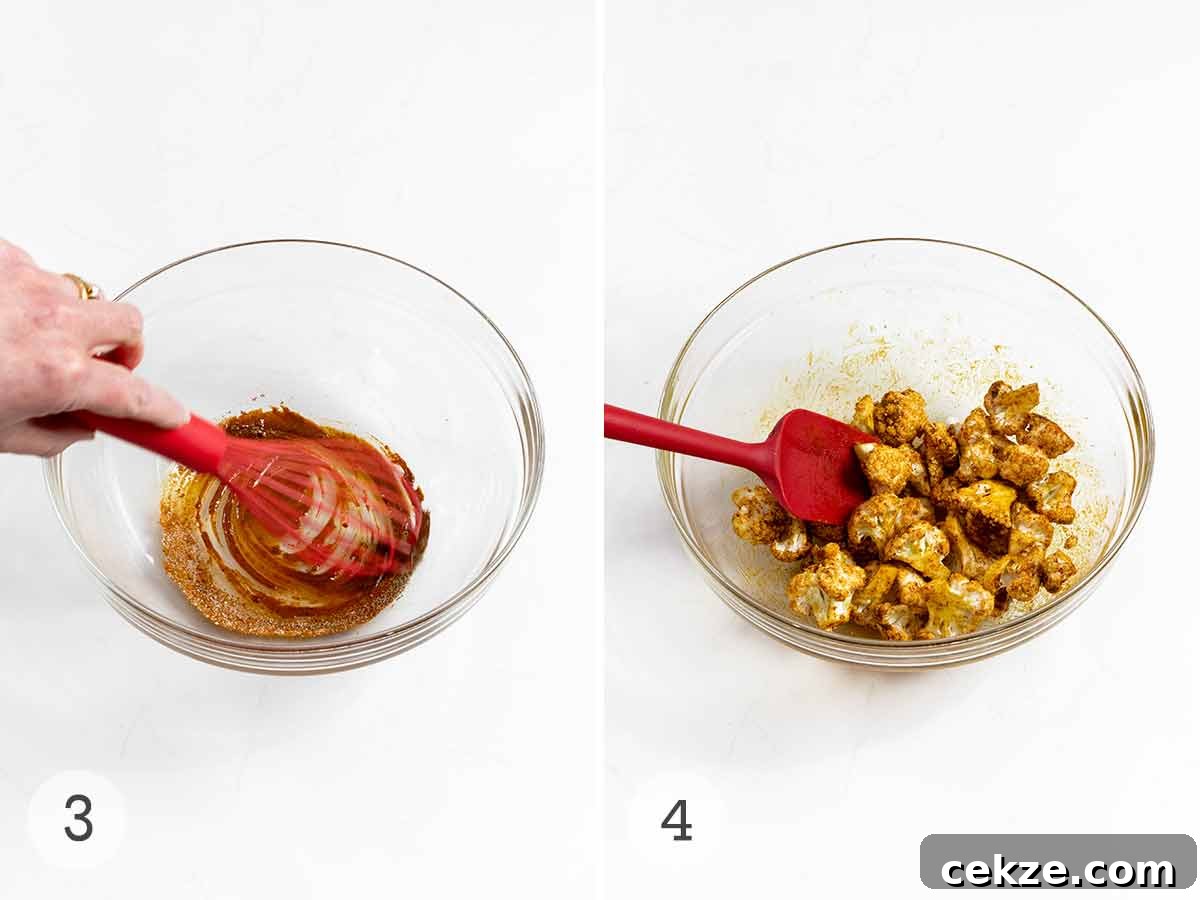 Crispy Spicy Roasted Cauliflower with Chili and Garlic 6 A person whisking oil and spices in a glass bowl and cauliflower florets tossed in the glass bowl.