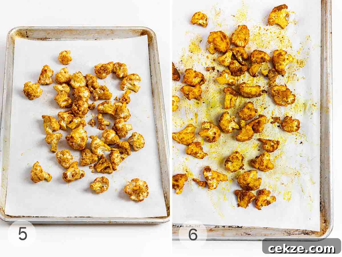Crispy Spicy Roasted Cauliflower with Chili and Garlic 7 Cauliflower florets on a baking sheet shown before and after baking.