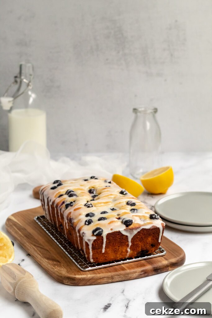 A glazed blueberry cake with some lemons next to it.