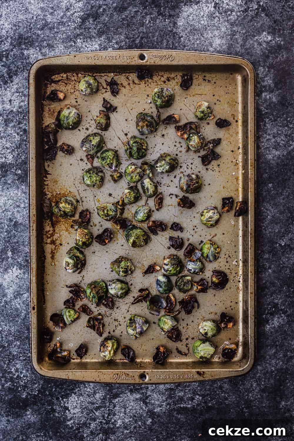 brussel sprouts just out of the oven, all roasted and overheard shot to be used in the farmers market salad