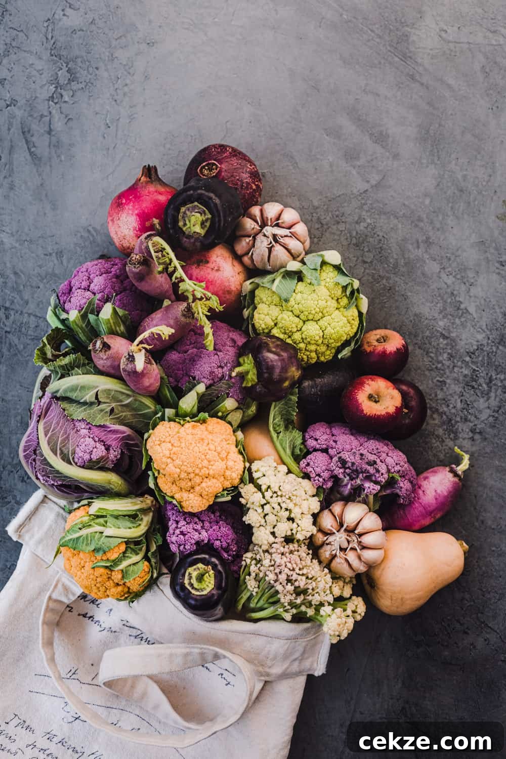 Ingredient shot of seasonal fall farmers market bounty. There's pomegranates, cauliflower, squash, apples, garlic, radishes and peppers.