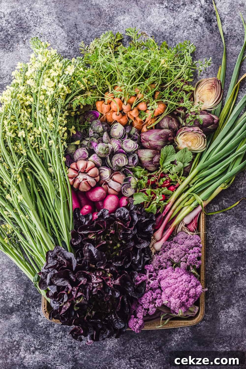 farmers market salad ingredients, all raw and un-prepped.
