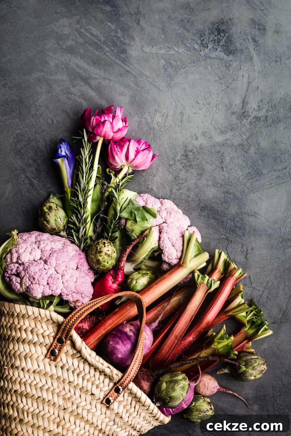 basket filled with farmers market produce; rhubarb, cauliflower, radishes, artichokes, flowers and rosemary.