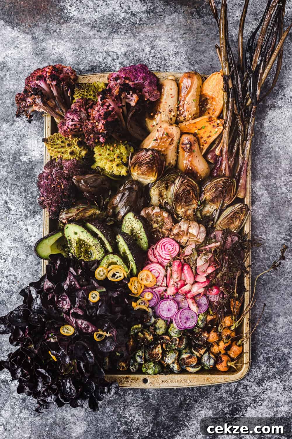 Farmers Market Salad Adventure all done and on a baking sheet. Overhead shot.