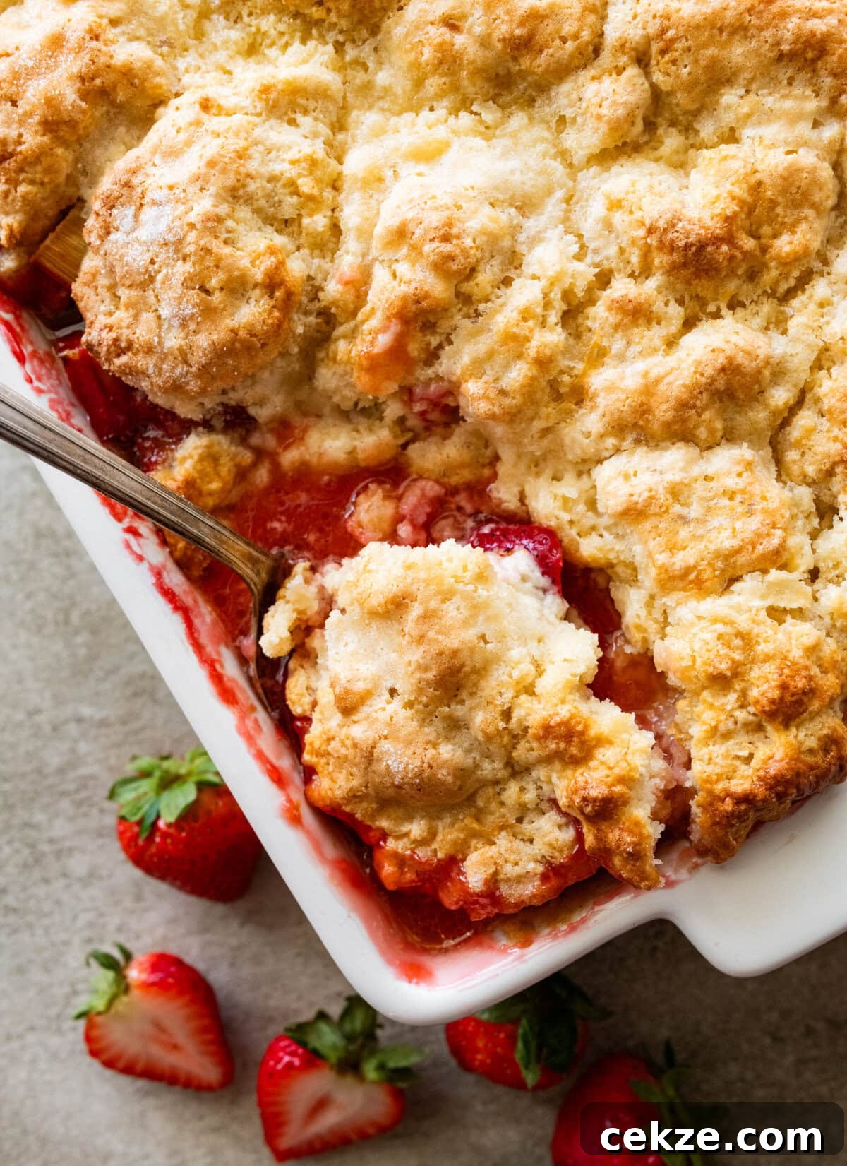 a baking dish of rhubarb cobbler with a spoon holding up some.
