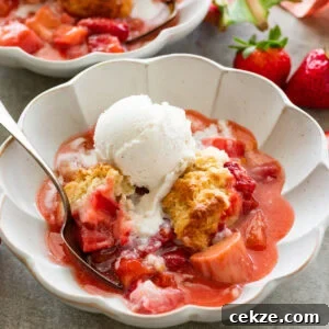two serving bowls of strawberry rhubarb cobbler topped with ice cream with more strawberries nearby.