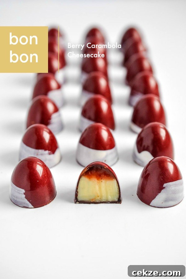 Berry Carambola Cheesecake Bites: Tropical Starfruit Dessert Bonbons 8 Berry Carambola Cheesecake Bonbons are an exquisite blend of silky cheesecake ganache, topped with sweet tangy carambola (starfruit) jam.
