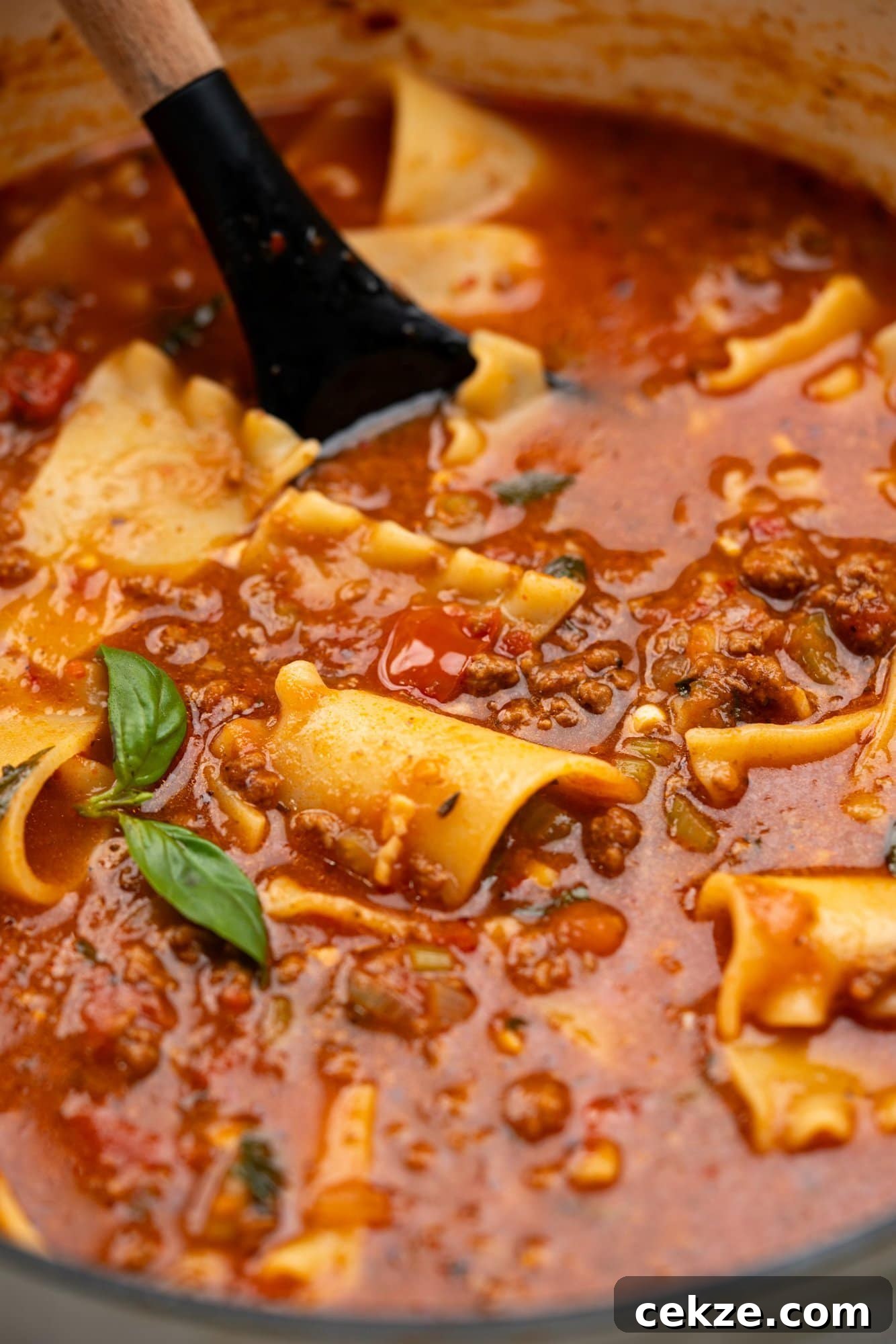 Hearty Lasagna Soup Recipe: Comfort in a Bowl 3 Close up view of Lasgna soup in a pot.