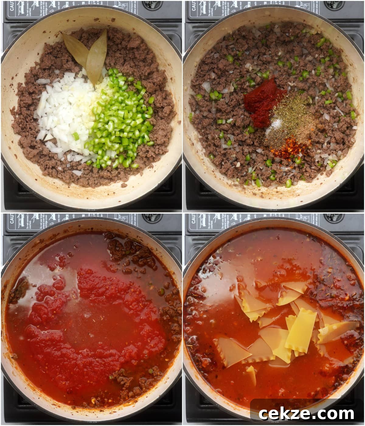 Hearty Lasagna Soup Recipe: Comfort in a Bowl 5 Brown goround beef, saute onion, celery and garlic. Add seasoning and tomato paste. Add tomatoe and chicken stock. Towards the end add dried noodles.