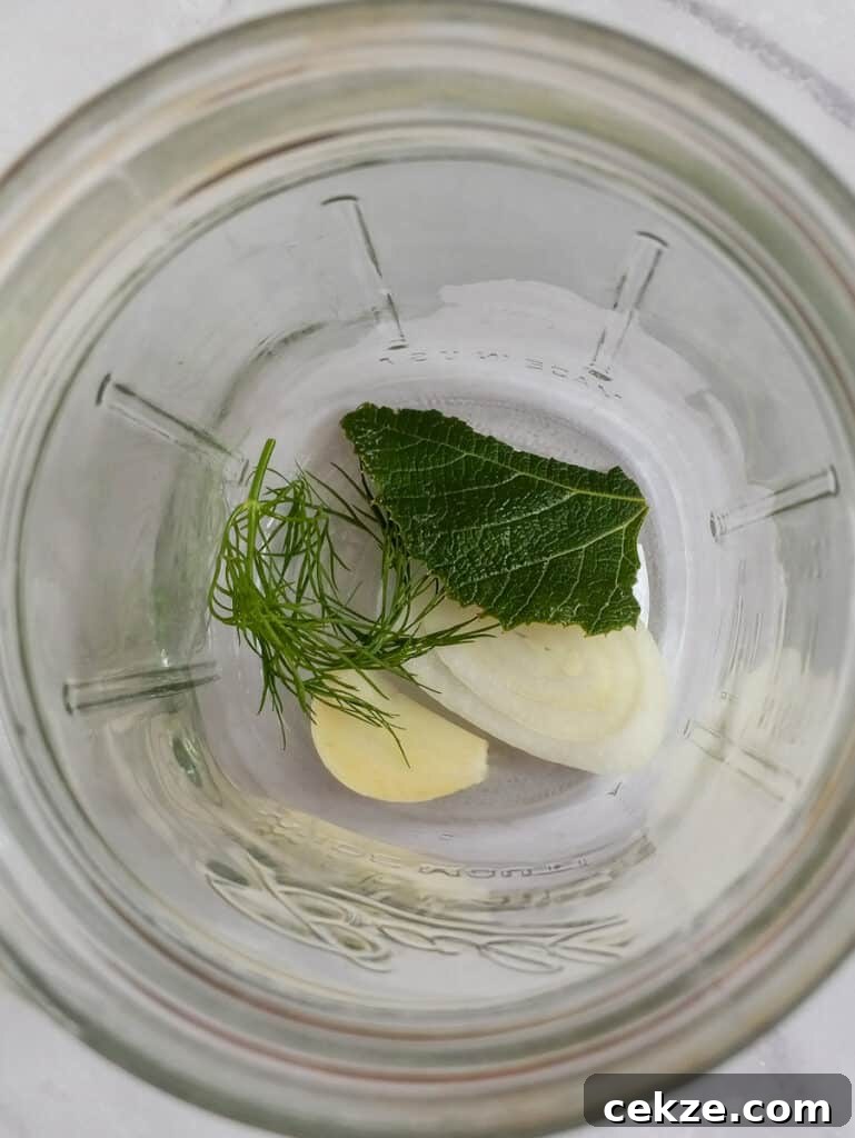 Amish Refrigerator Pickles: Quick No-Cook Dill Recipe 4 quart jar with onion slice, garlic, dill, and part of a grape leaf