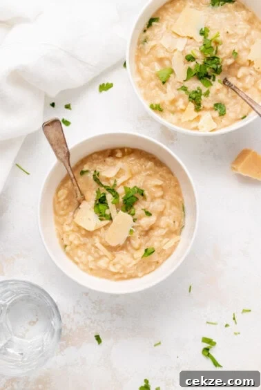 two bowls of risotto with parmesan cheese and parsley.