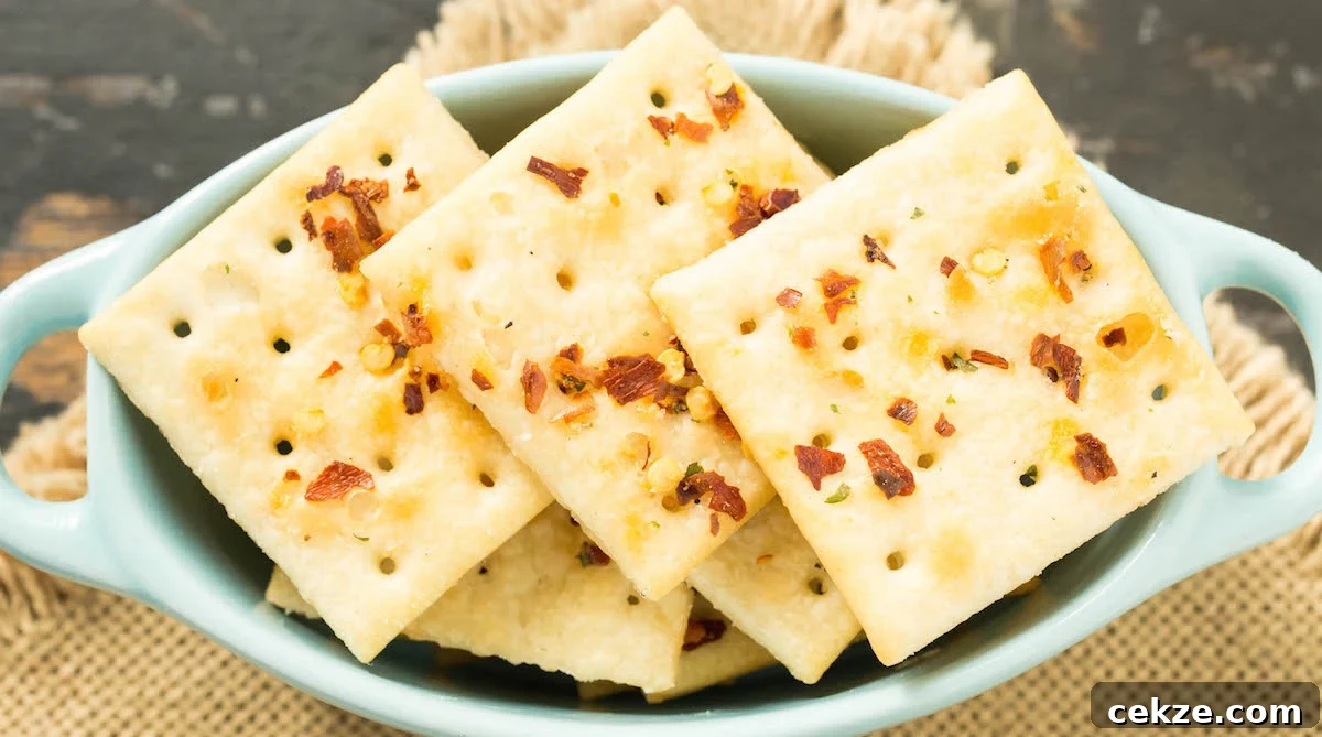"Fire Crackers" (Saltine crackers seasoned with ranch and red pepper flakes) sit in a small oval serving dish.