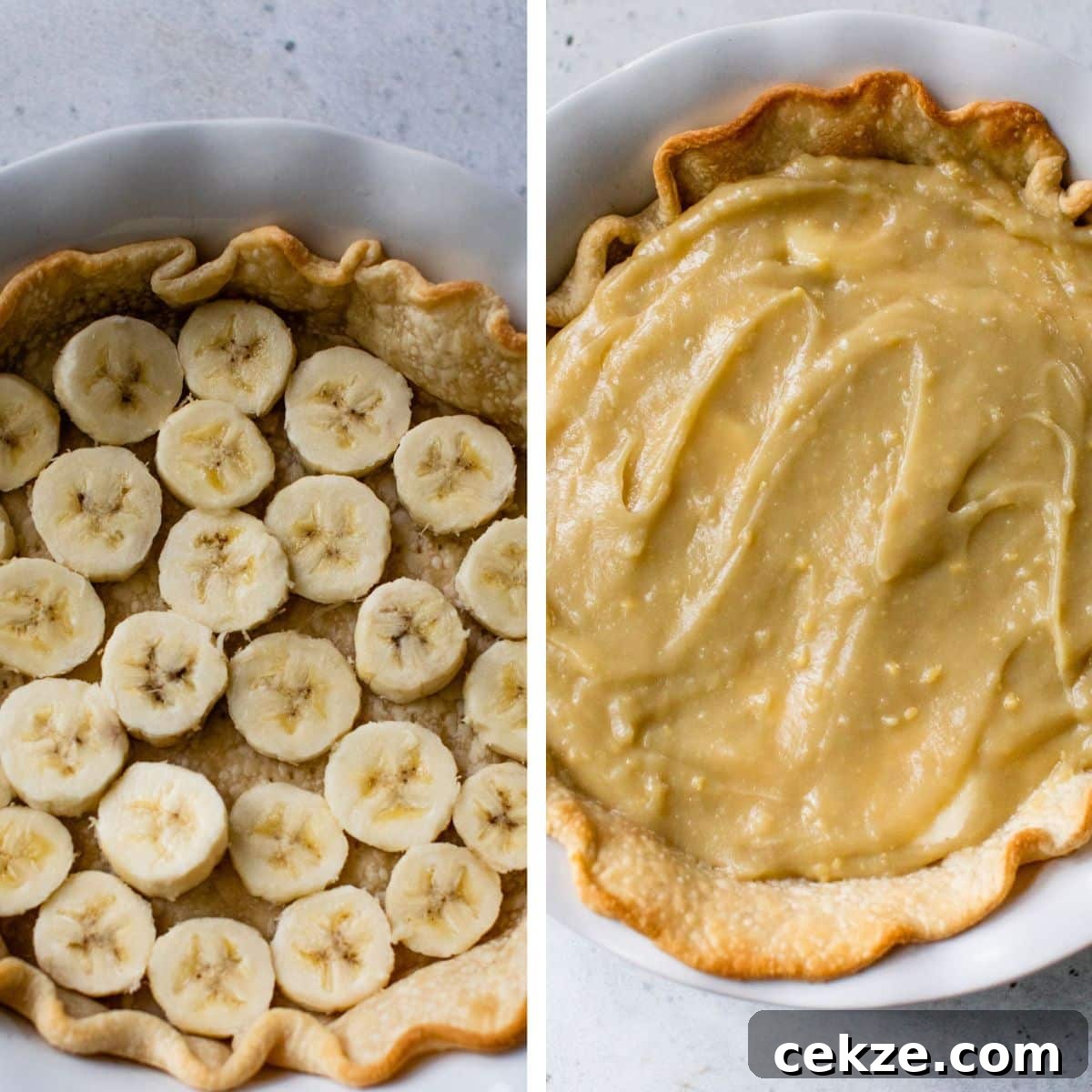 Creamy Banana Pudding Pie Recipe: Step-by-Step Dessert Guide 4 2 images: the left image shows banana slices lined in a pie crust and the right image shows pudding added over top of the bananas