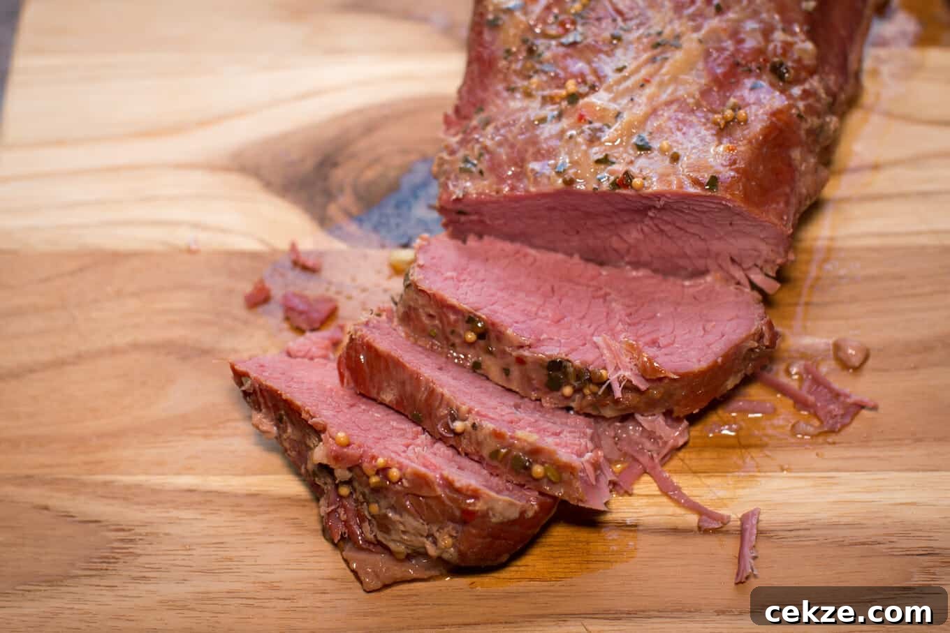 sliced corned beef on a cutting board