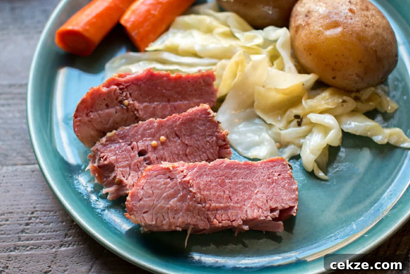 sliced cooked corned beef on a teal plate.
