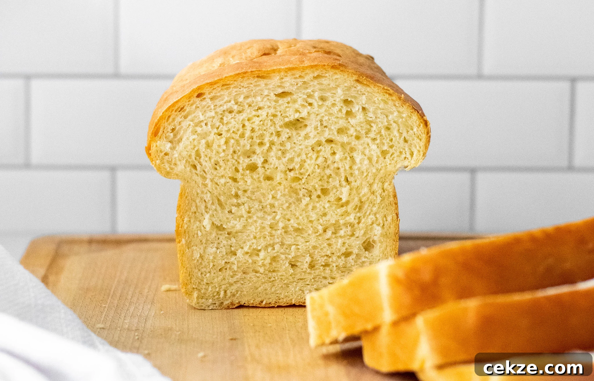 A cross section of a loaf of potato bread.