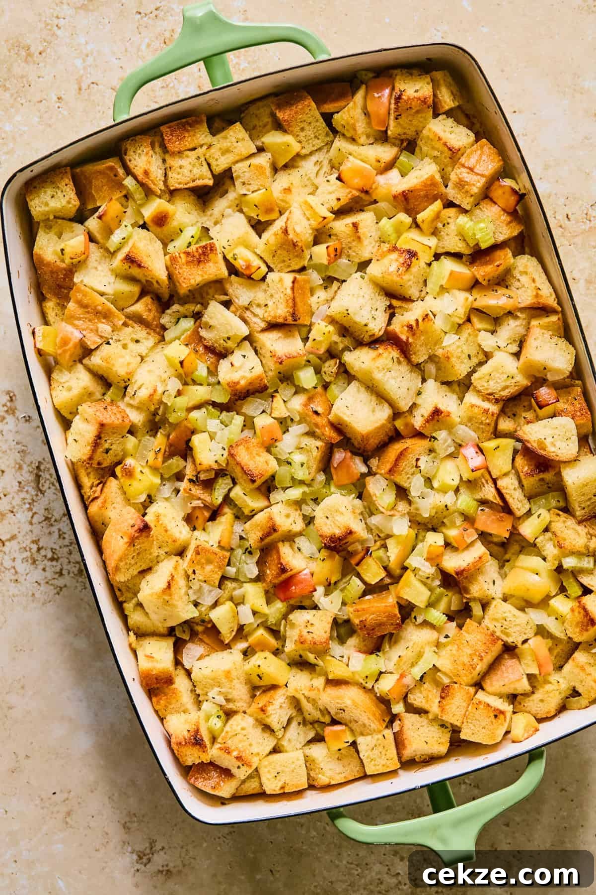 Apple and Sage Stuffing Recipe with Crispy Herbs 12 Baked apple stuffing after freshly pulled from the oven.