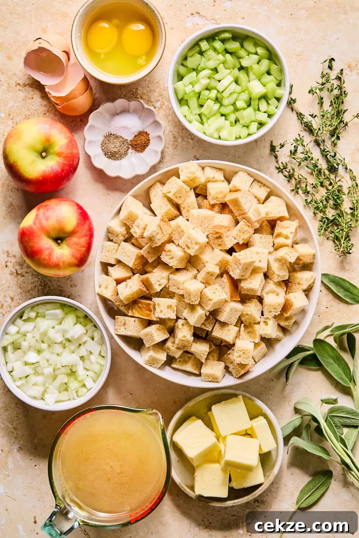 Apple and Sage Stuffing Recipe with Crispy Herbs 4 Ingredients needed to make apple sage stuffing on surface.