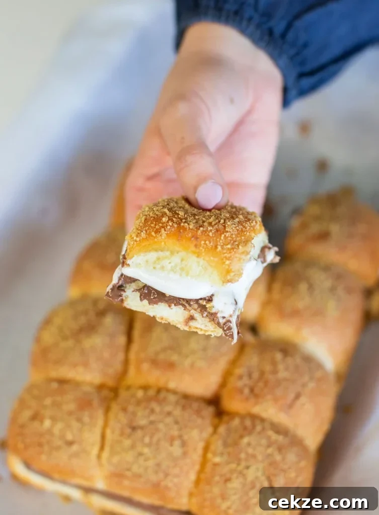 A hand holds a pull-apart piece of smores bread, showing the melted chocolate, marshmallow, and crumbled topping. Below, a tray with more golden-brown pull-apart smores bread is visible in the background.