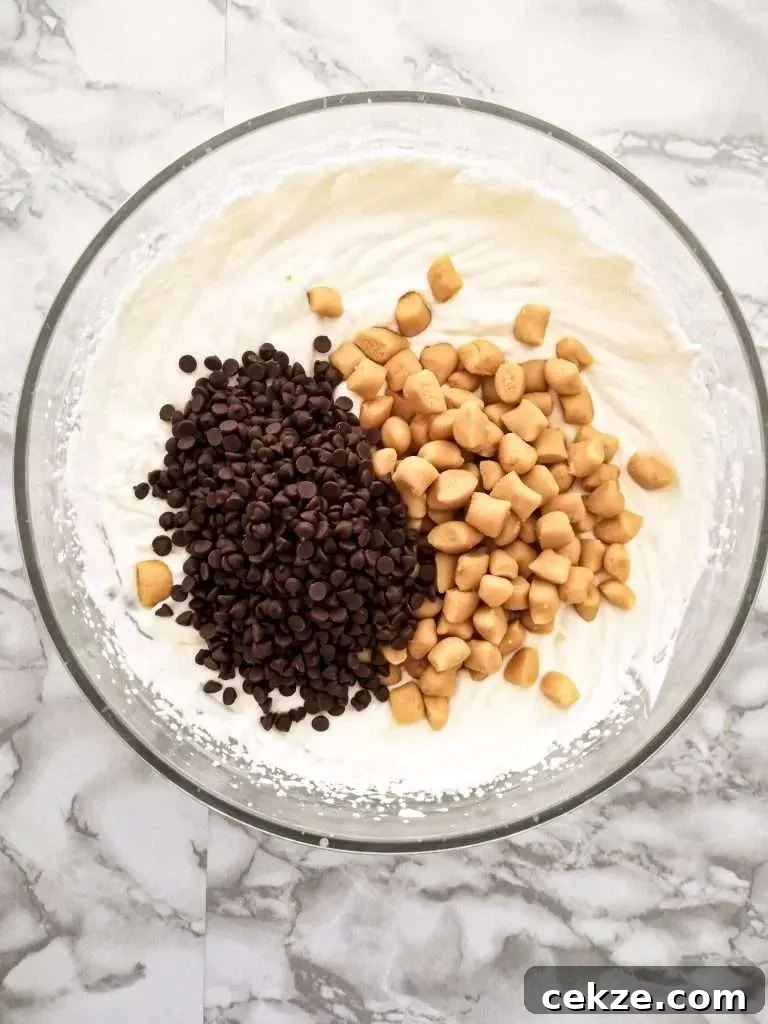 No-Churn Chocolate Chip Cookie Dough Ice Cream Recipe 12 chocolate chip cookie dough ice cream - ice cream base, chocolate chips, and cookie dough in bowl