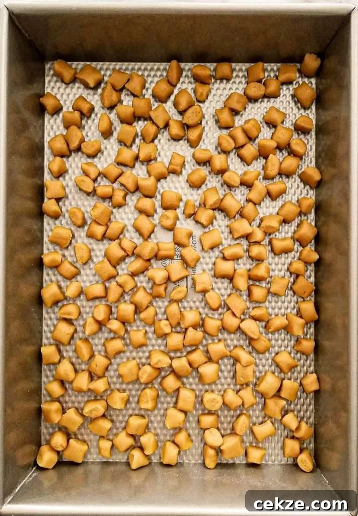 No-Churn Chocolate Chip Cookie Dough Ice Cream Recipe 10 chocolate chip cookie dough ice cream - cookie dough chunks on baking sheet ready to freeze