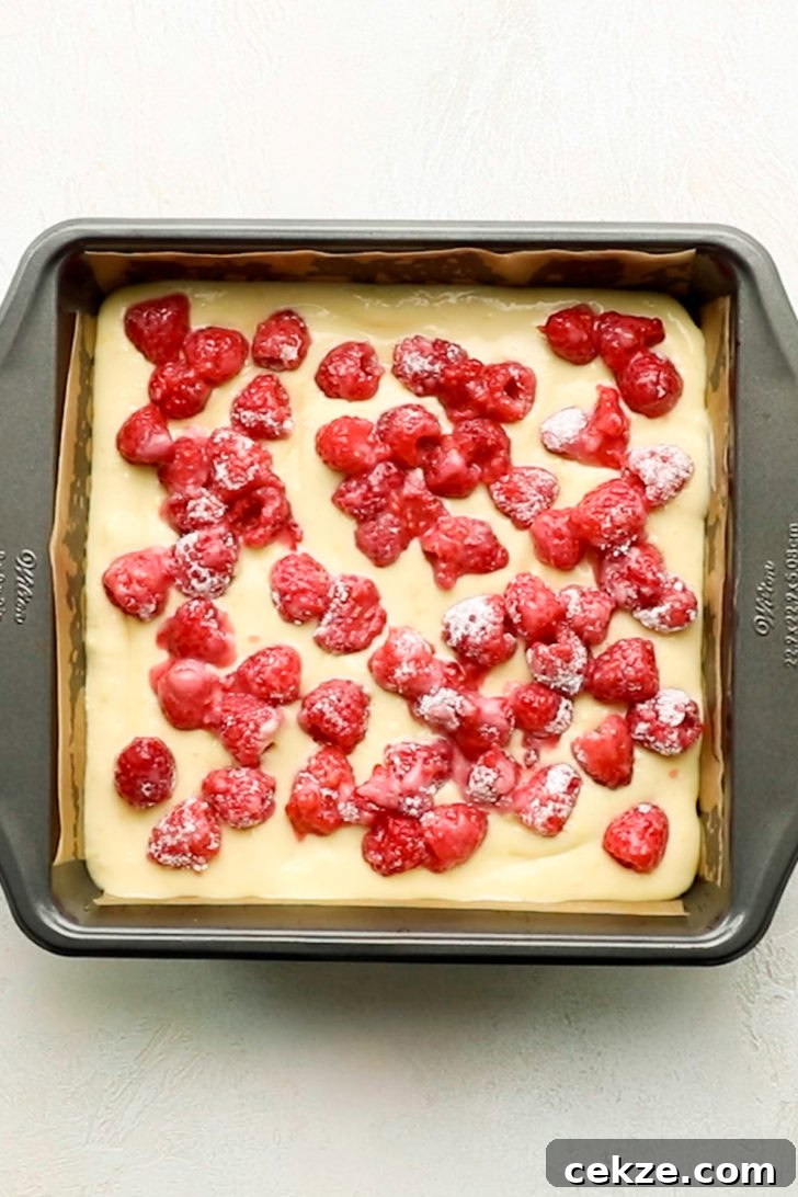 Lemon cream cheese filling and fresh raspberries spread over a shortbread crust.
