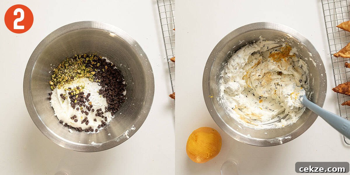 Authentic Cannoli Dip with Homemade Cannoli Chips 6 Combining ricotta, chocolate, vanilla, orange zest, and pistachios for cannoli dip.