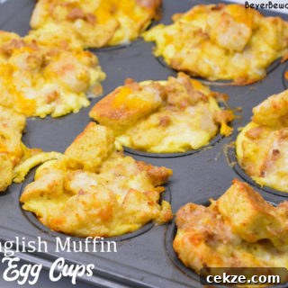 English Muffin Egg Cups are individual egg casseroles made from combining cubed English muffins, breakfast sausage, eggs, and cheese and then ready to eat, freezer, or fridge for quick breakfasts all week long.