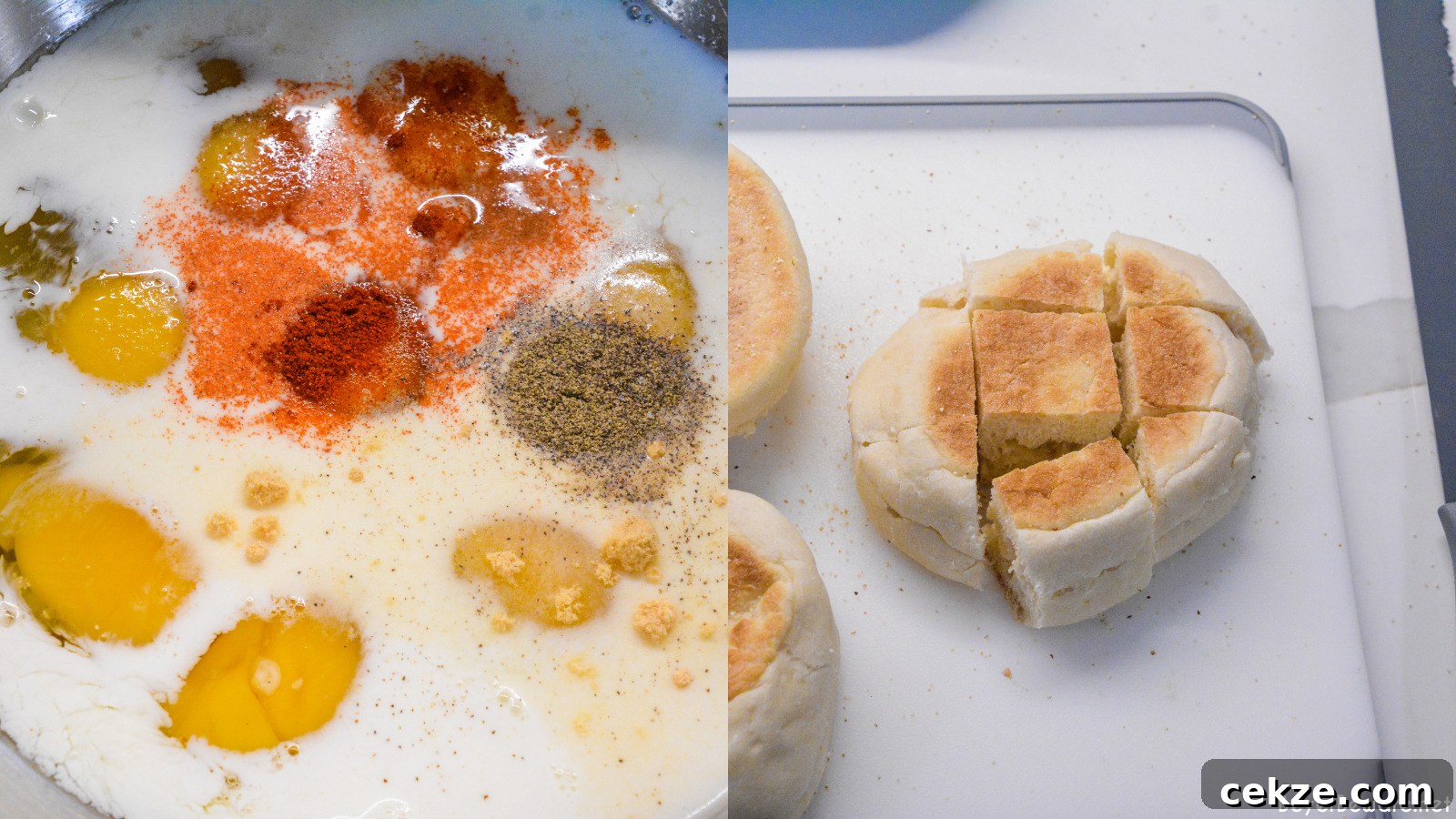 Mixing eggs and milk as well as cubing an English Muffin