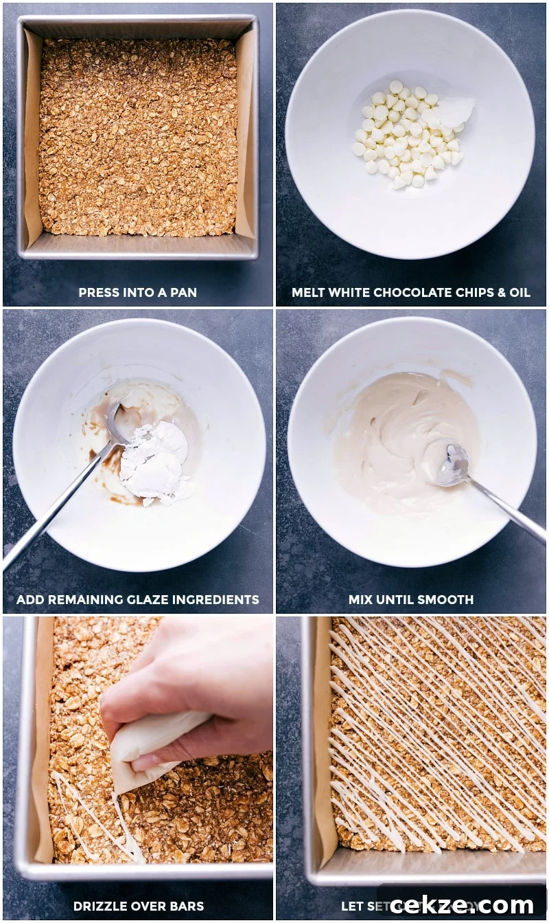 Process shots-- press the batter into the prepared pan; make the glaze; drizzle over the bars