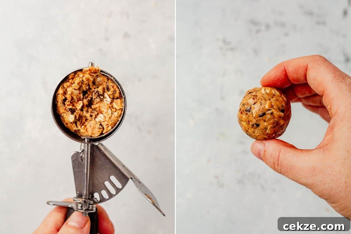 two images of scooping peanut butter protein balls with a cookie scoop and then rolling the batter into balls