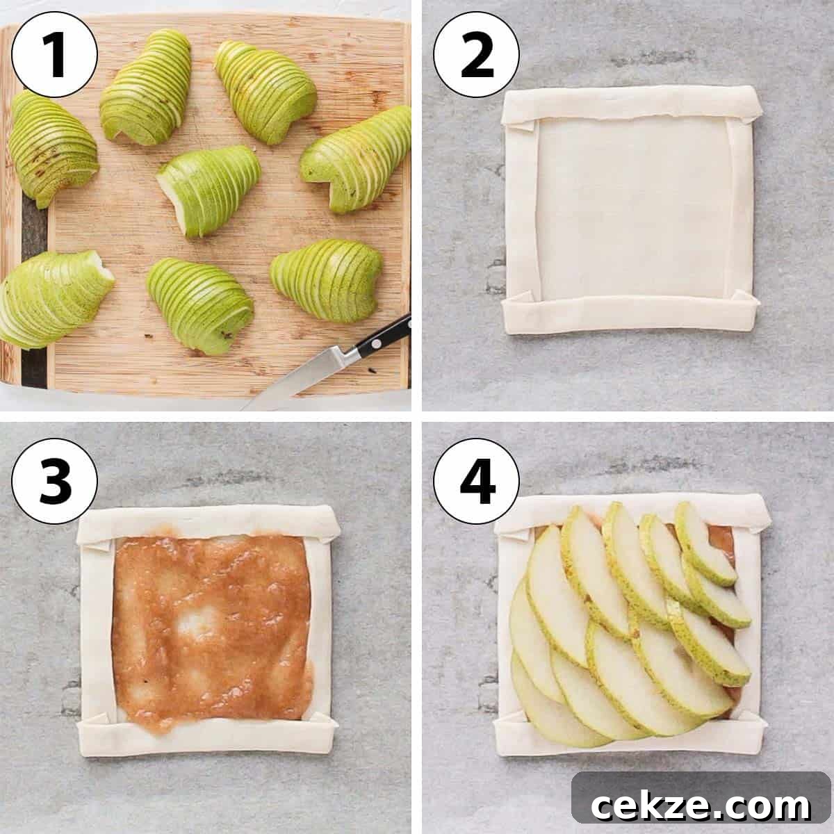 Puff Pastry Pear Tartlets with Honey and Almonds 5 Process Shot Collage: cutting the pears and assembling the tarts.
