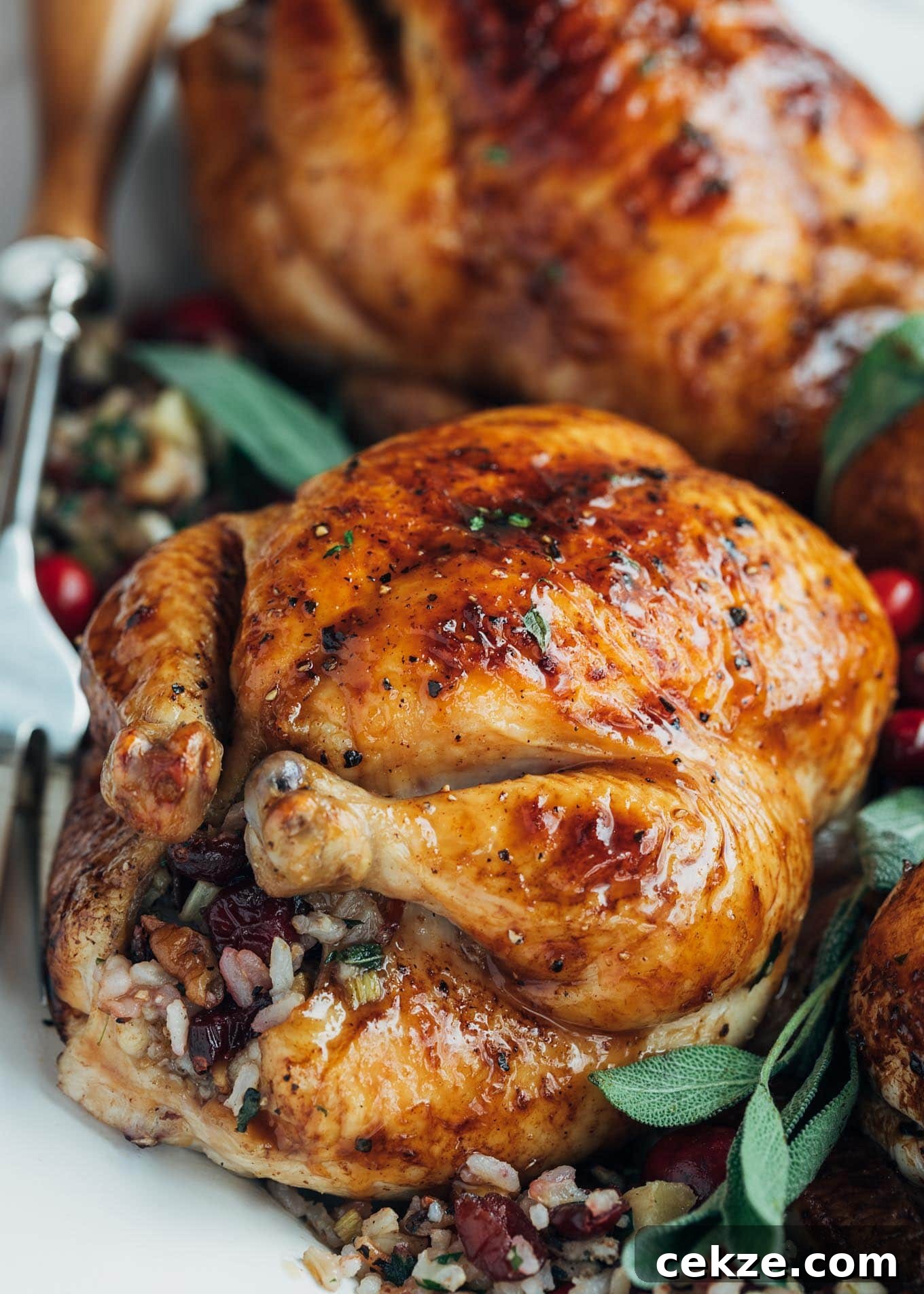 cornish hen with rice stuffing on a platter