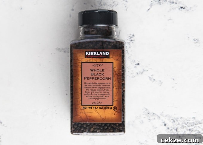 jar of Kirkland whole black peppercorns