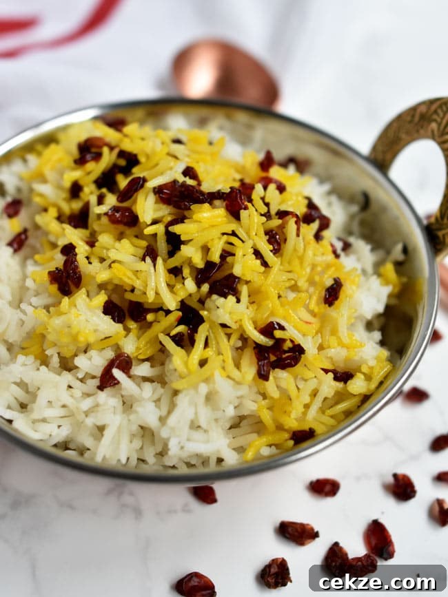 Instant Pot Zereshk Polo — Persian Barberry Rice Recipe 12 Close up view of saffron barberry studded basmati rice.