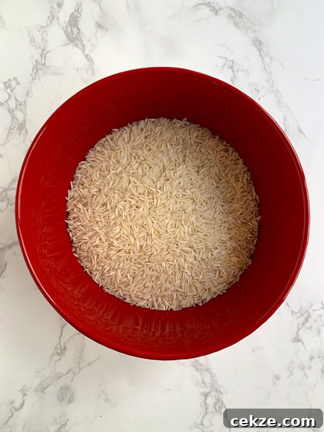 Instant Pot Zereshk Polo — Persian Barberry Rice Recipe 4 Dry basmati rice in red bowl.