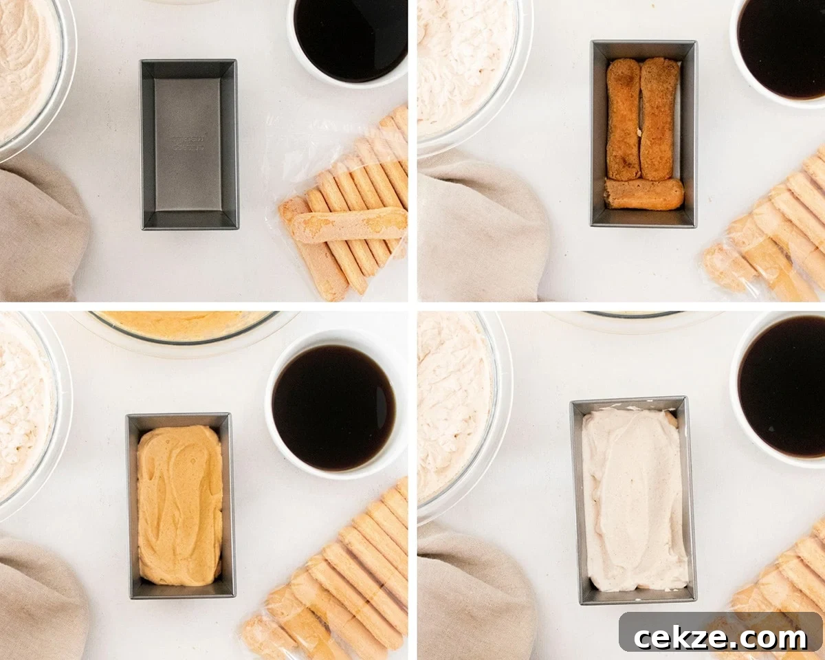 a collage with four photos. One photo showing an empty loaf pan with ingredients. The rest of the photos are showing the tiramisu process.