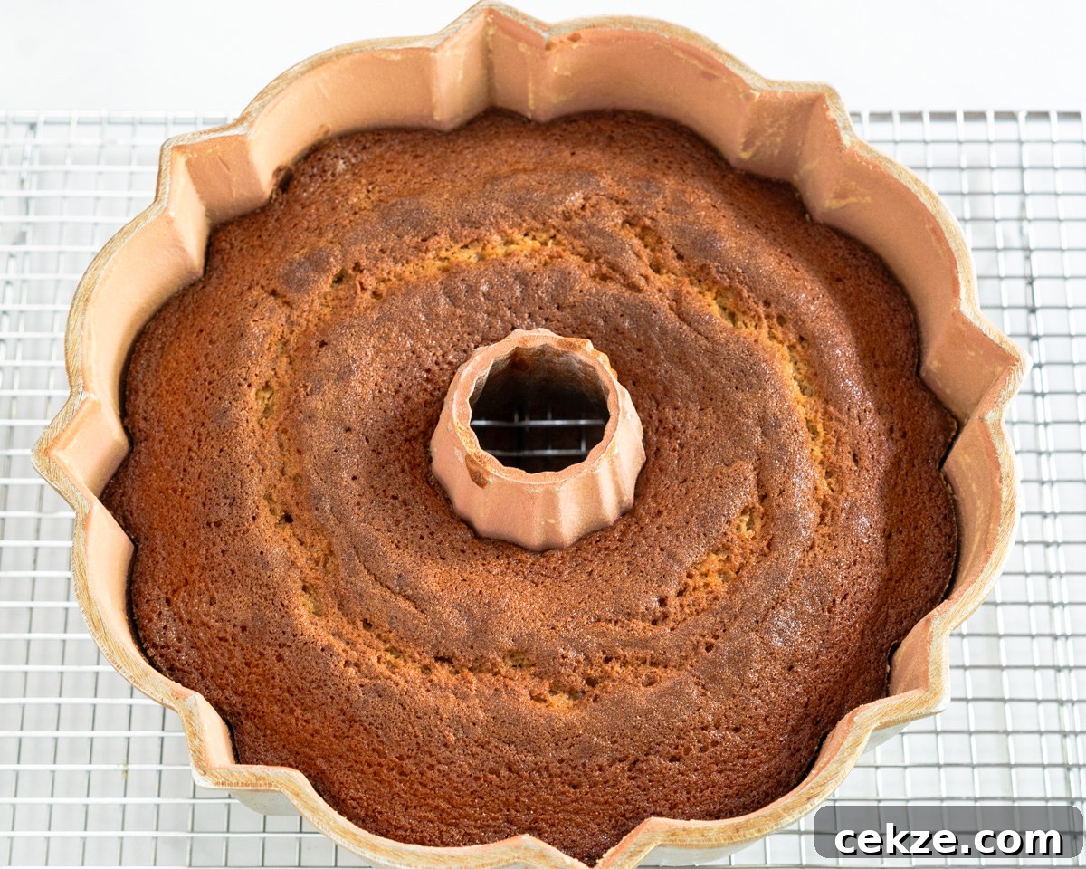 Authentic Cuban Rum Cake Recipe: Moist Drunken Cake with Rum Glaze 7 A baked rum bundt cake sitting in the pan over a cooling rack - Hostess At Heart