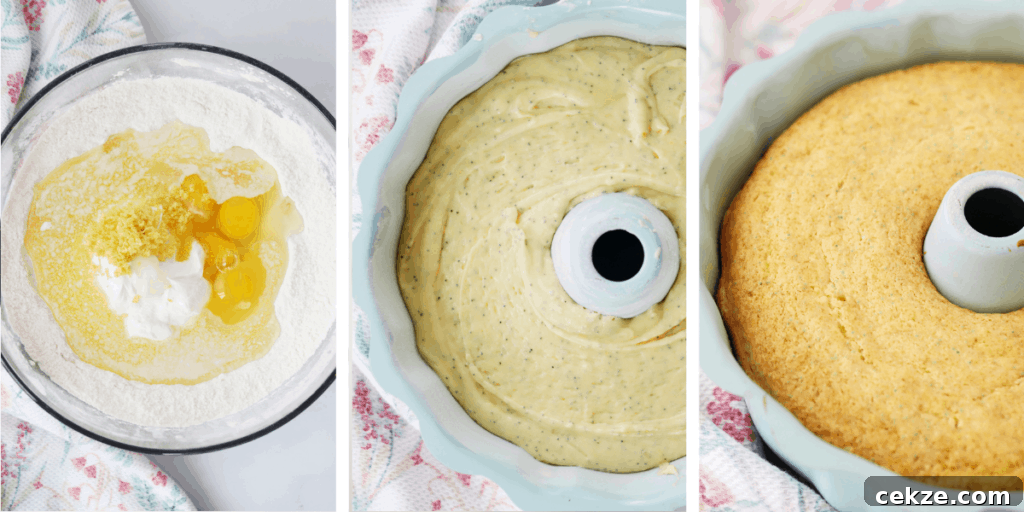 Lemon poppy seed cake batter ingredients, the batter added to the bundt cake pan, and finally the baked cake.