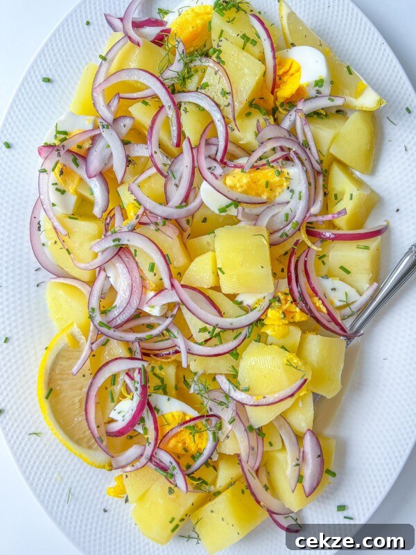 A white plate with Healthy Potato Salad featuring chopped boiled potatoes, sliced hard-boiled eggs, red onion rings, lemon wedges, and sprinkled fresh herbs. A fork rests on the plate.