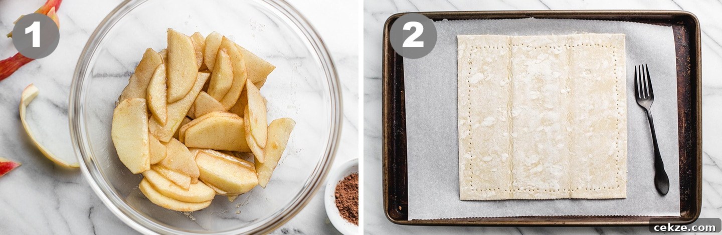 Rustic Apple Tart Recipe: Flaky Crust and Caramelized Apples 4 Peeled apples in a bowl and puff pastry on a baking sheet.