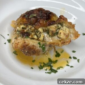 A cooked, stuffed chicken thigh sits on a white plate, topped with melted cheese and herbs, with juices pooling underneath and a sprinkle of chopped parsley for garnish.